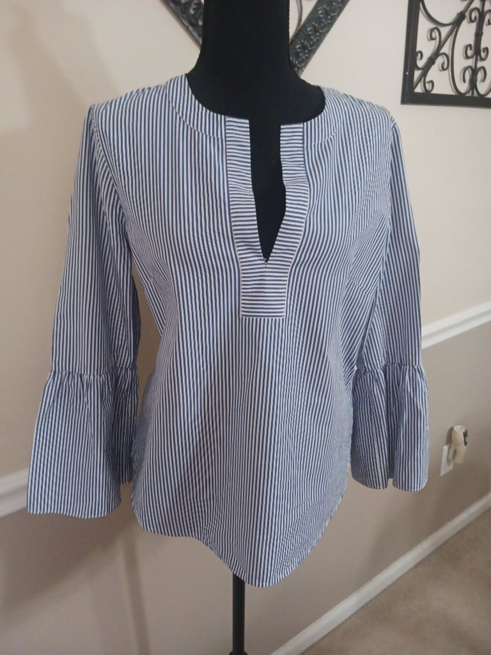 Excellent Condition J. Crew Blue and White Striped Bell Sleeve Blouse Size 6